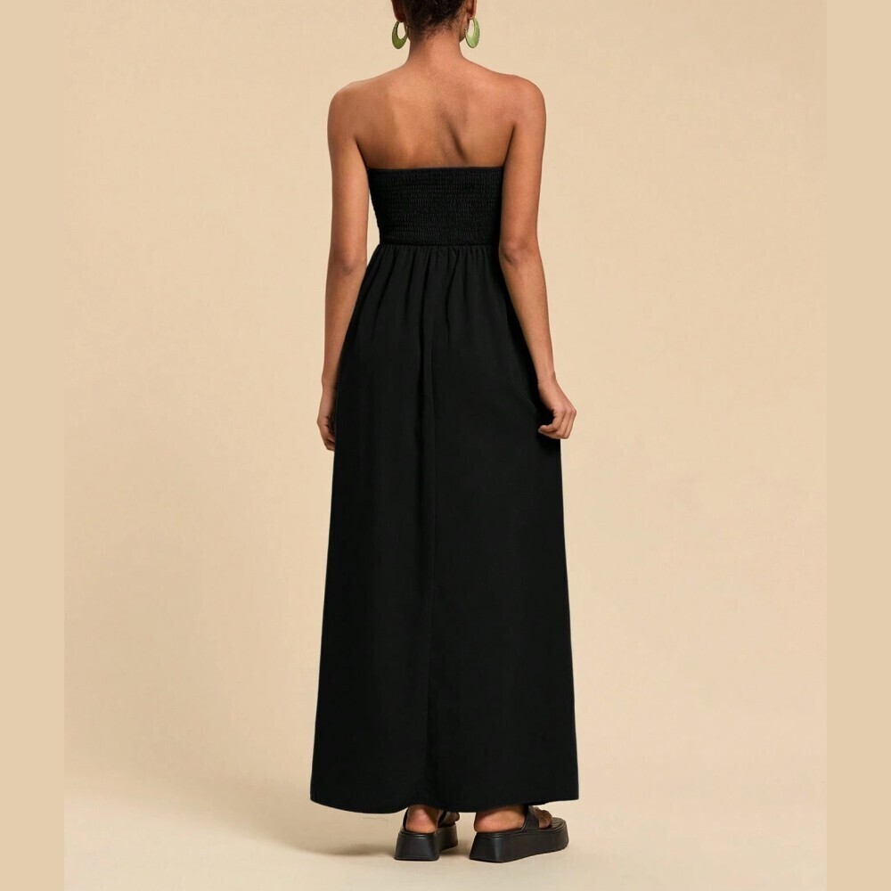 Black Strapless Midi Dress with Ruched Bodice - Picture 3 of 6